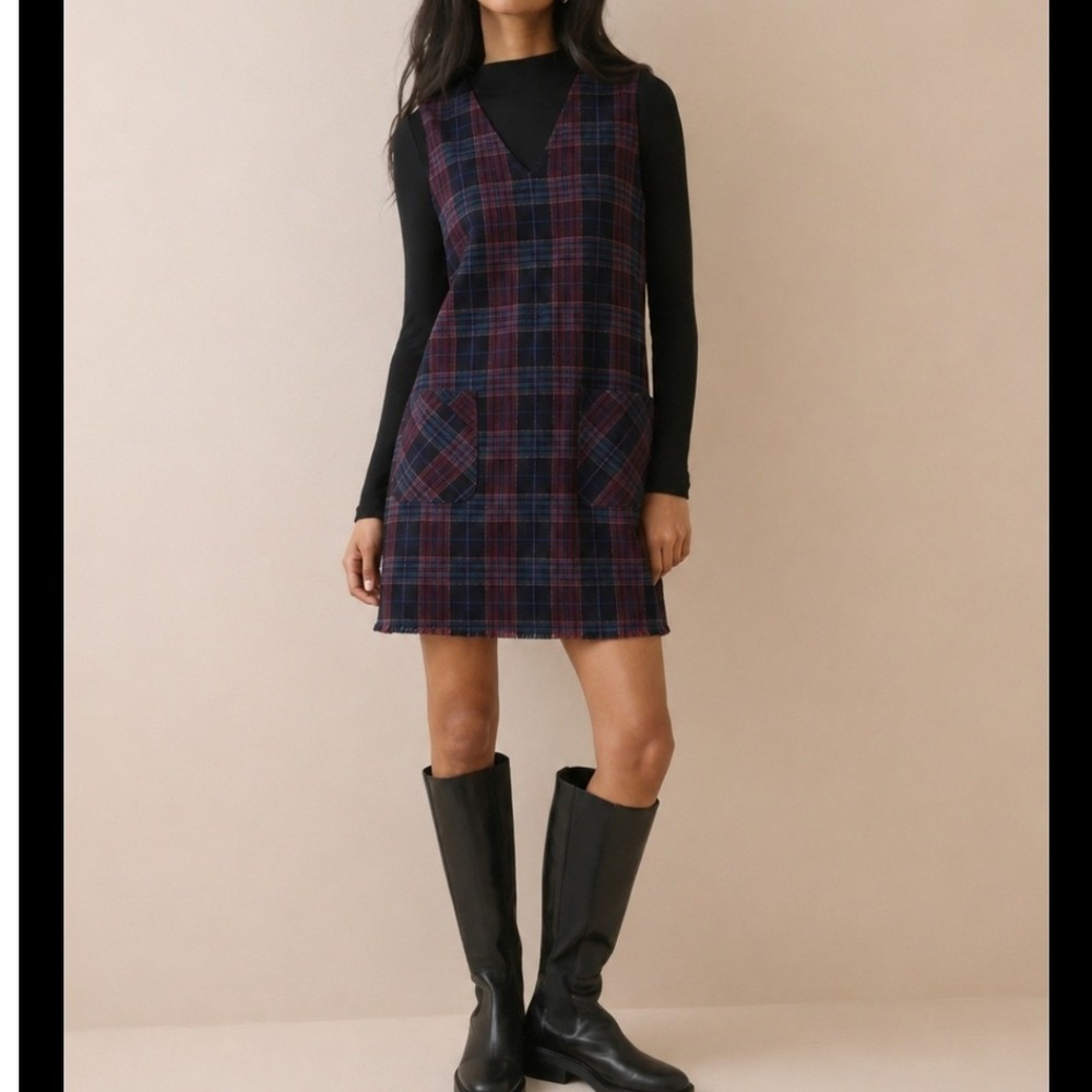 Original TY Wear Plaid Jumper Dress Women 8P Burgundy Green 90s Vintage V-Neck